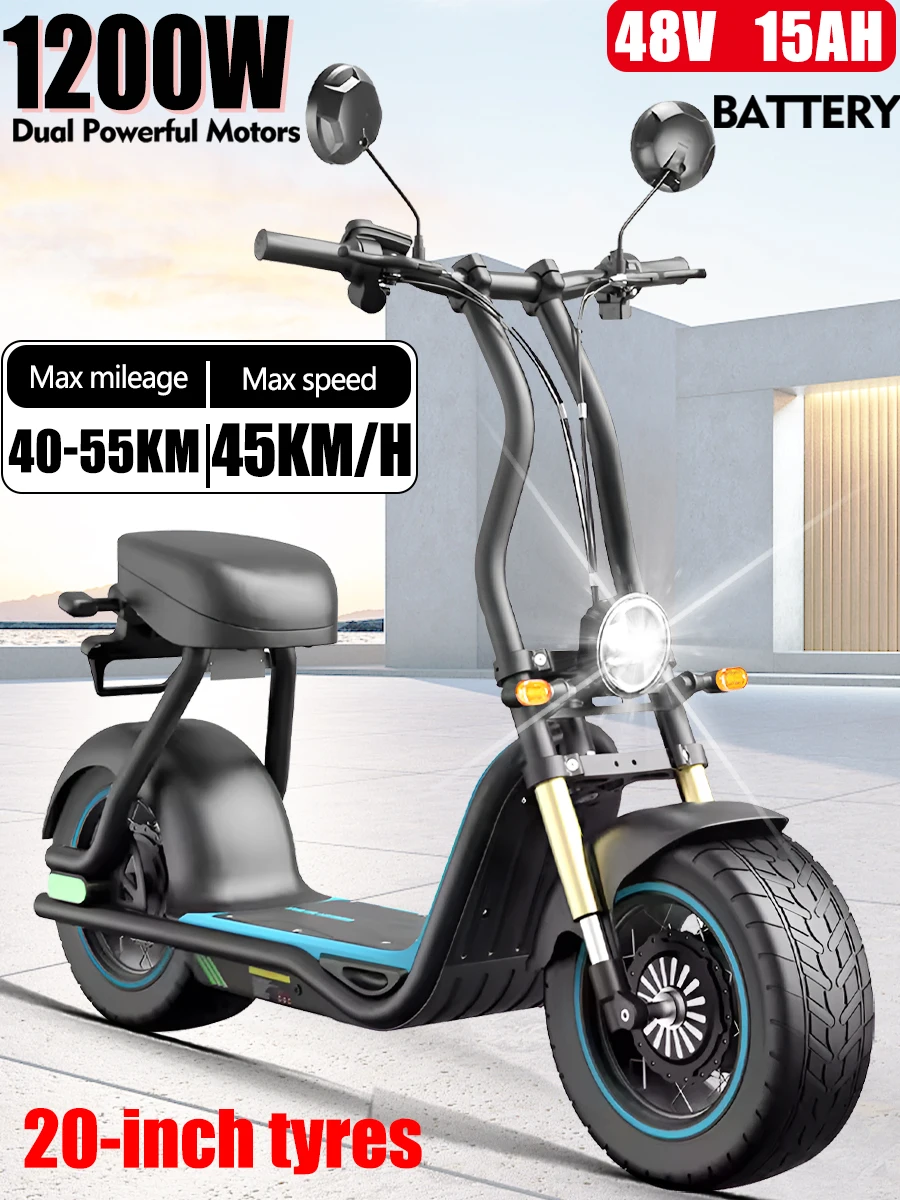 H10 24 Years New 1200W 48v 15ah Electric Scooter Max Speed 45km/h 20 Inch Road Tyres Hydraulic Brake with Seat Electric Scooter