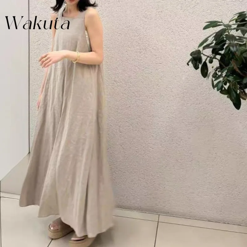 

WAKUTA Japanese Minimalist U-neck Sleeveless Linen A-line Dress Temperament Commuting Y2k Aesthetic Loose Vestidos Summer Dress