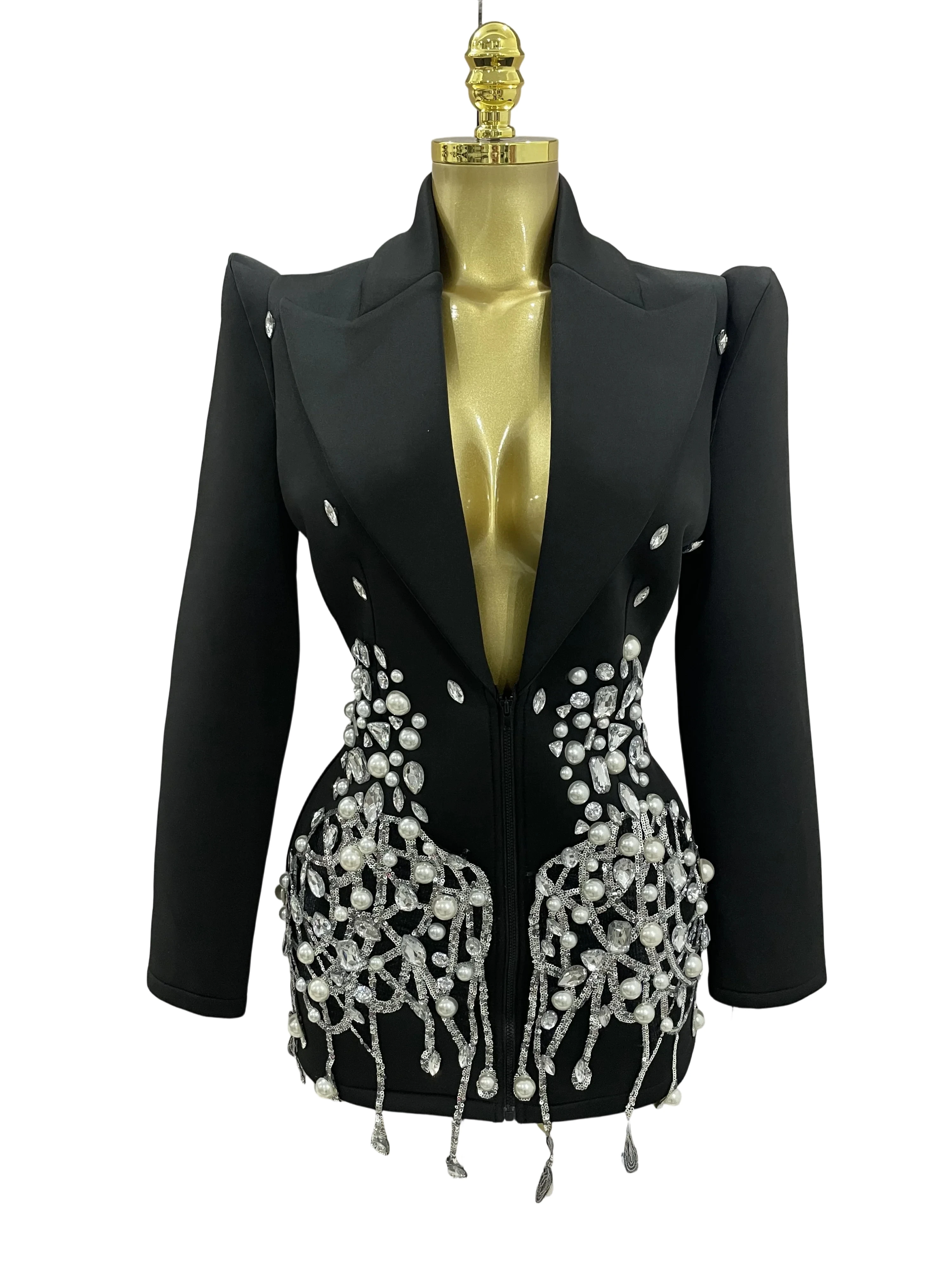 سباركلي كريستال سلاسل اللؤلؤ كم طويل فستان قصير 2025 المرأة عيد ميلاد مساء حفلة ملهى ليلي الزي المغني الزفاف زي #4