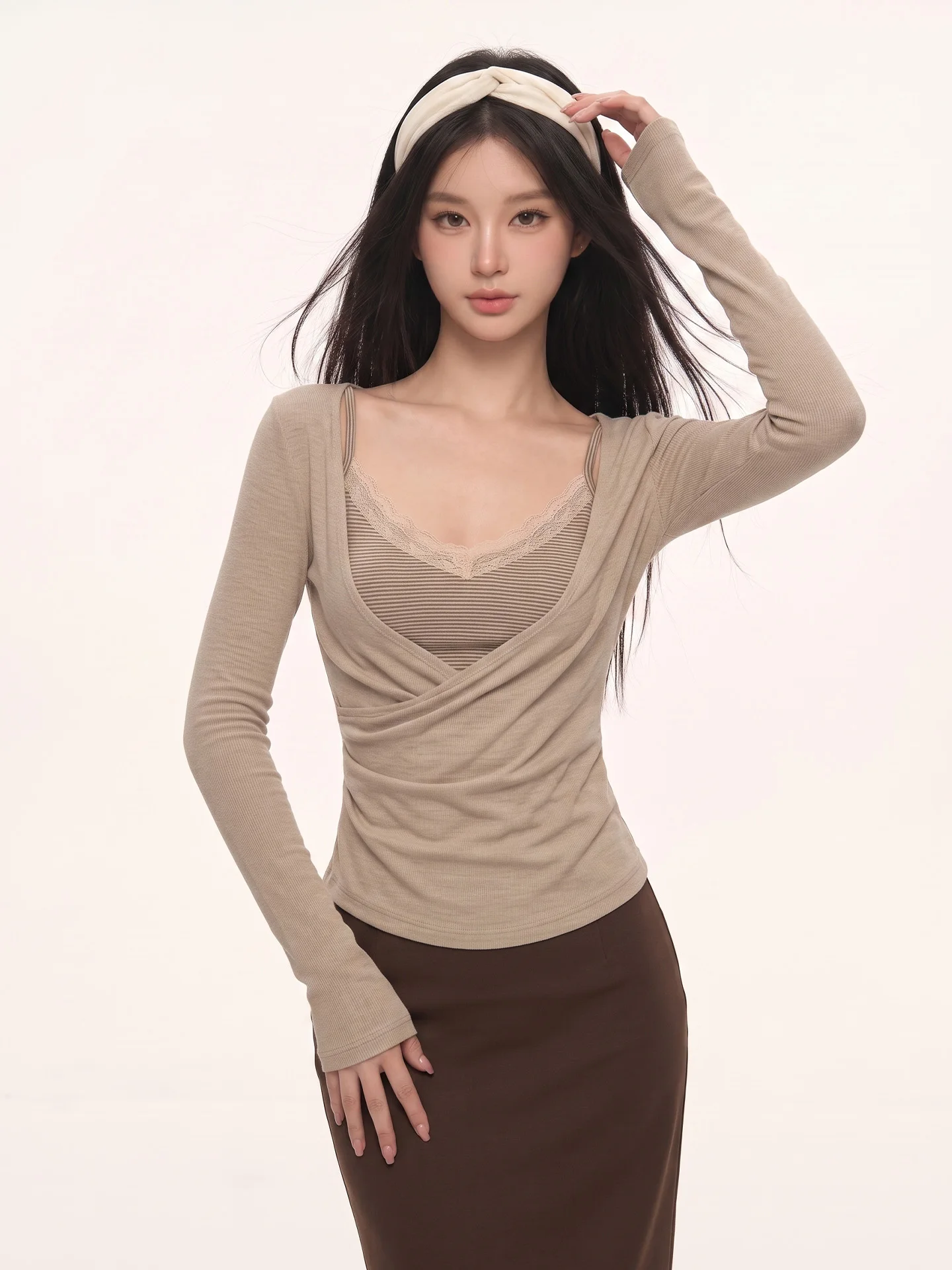 Pure Desire Style Women's Long Sleeve T-Shirt Lace Camisole Base Shirt Inner Wear Autumn Season Clean Fit Fashion City Walk