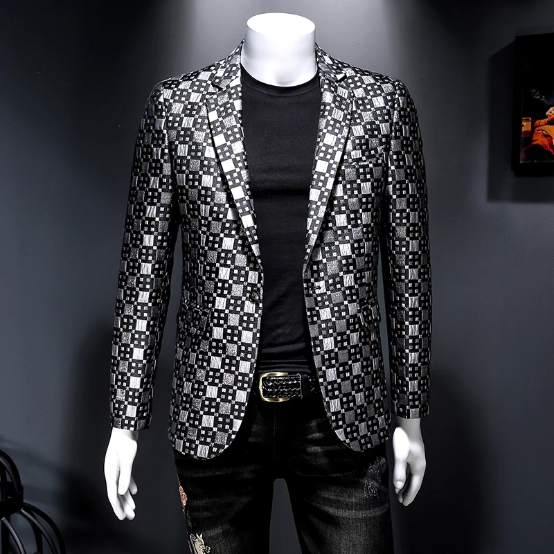 2022 Brand Men Blazer Personality Wild Men\'s Suit Jacket High Quality Fashion Plaid Print Slim Fit Warm Blazer Coat Male 5XL 6XL