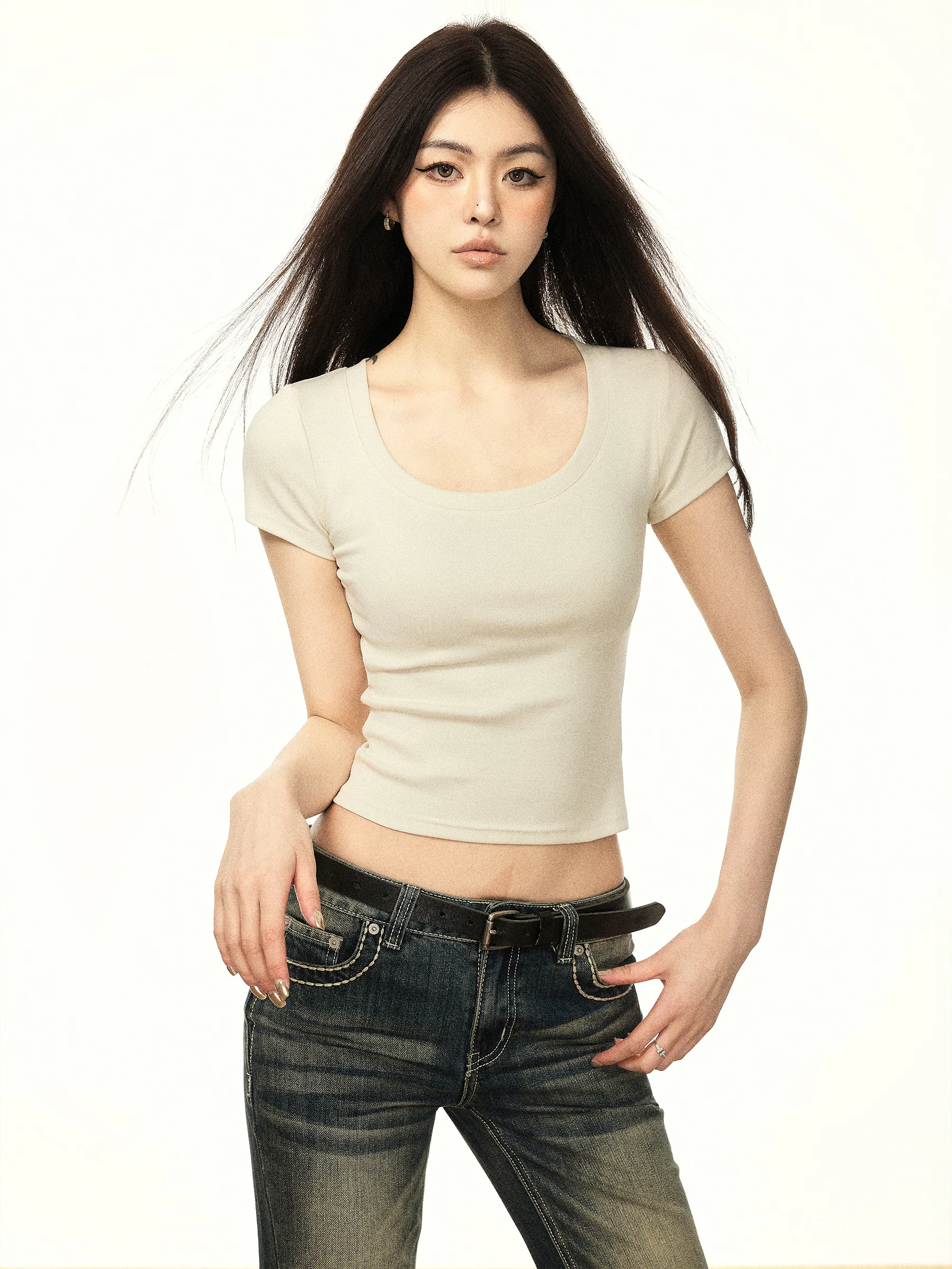 Aaisup Simple White U-Neck Short Sleeve T-Shirt Women's Summer Thin Pure Cotton Slim Fit Belly Button Baring Short Top