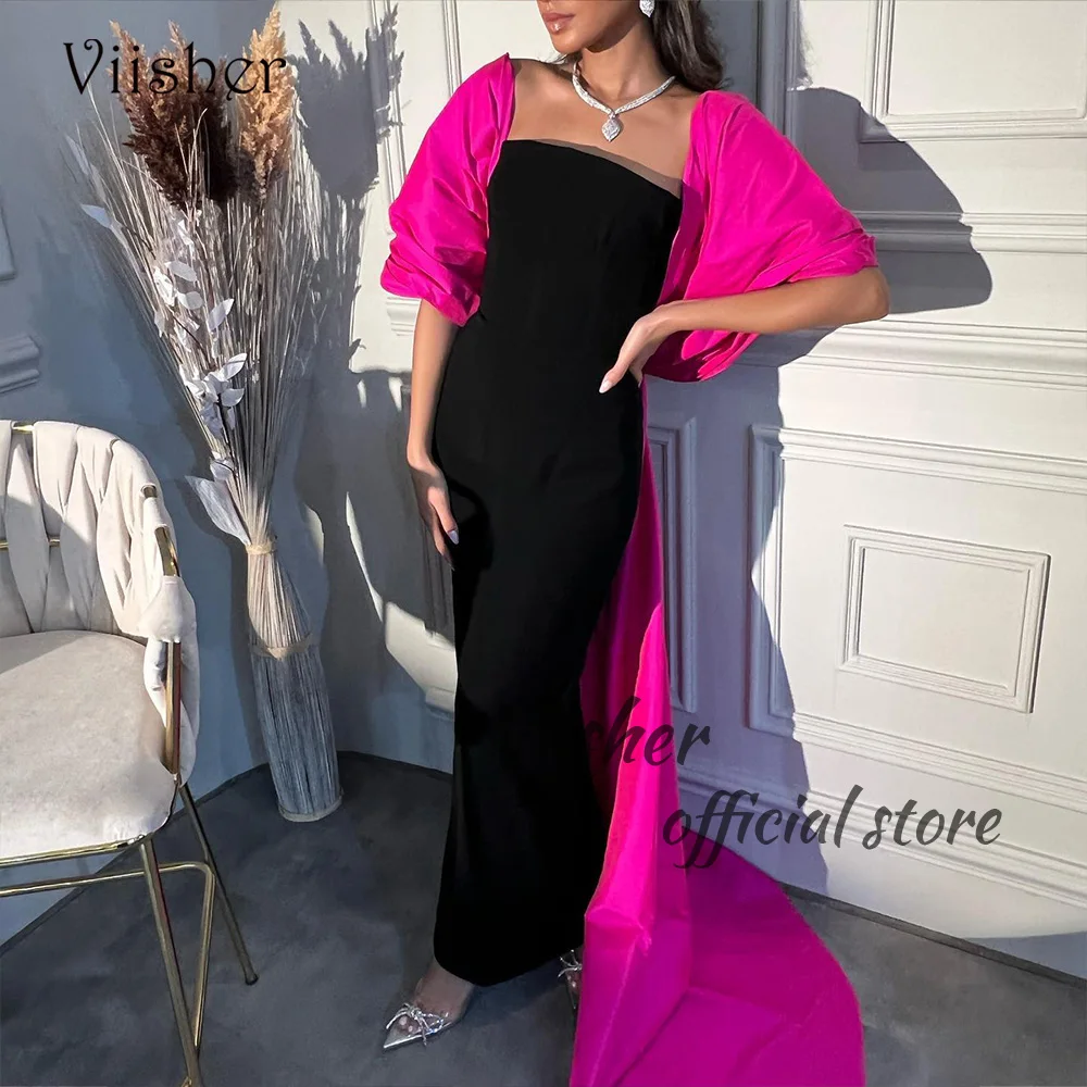 

Viisher Black Pink Mermaid Evening Dresses Mono Satin Strapless Long Formal Dress Arabia Dubai Celebrate Prom Gowns