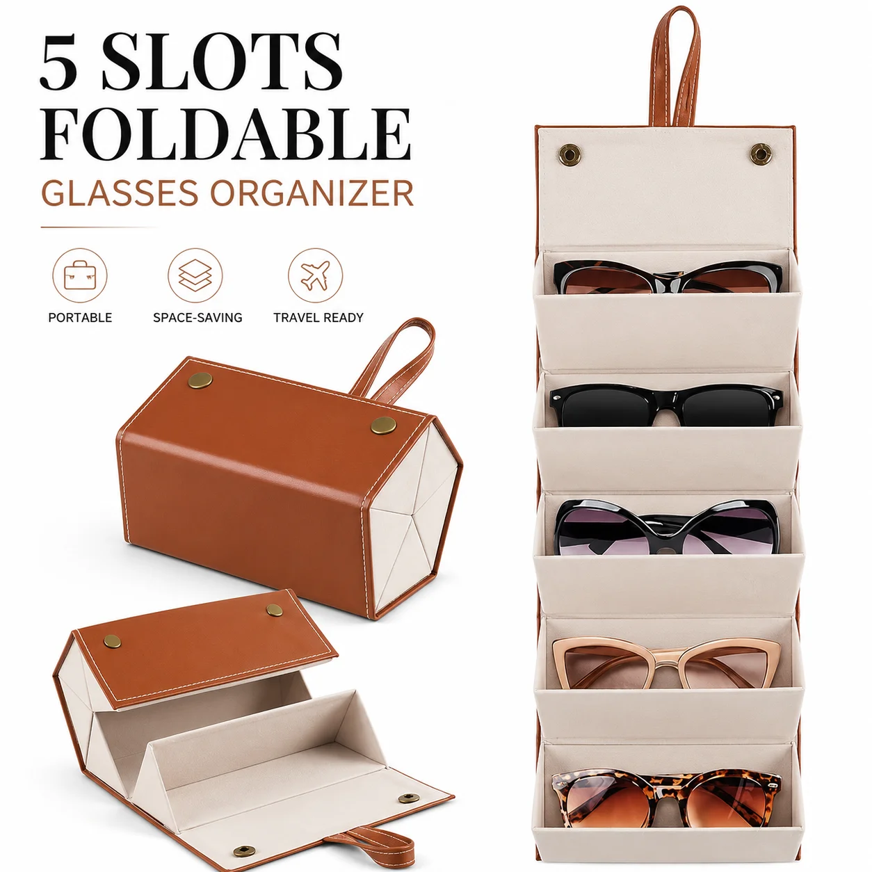 5-Slot Foldable Eyeglasses Organizer Case, Portable PU Leather Sunglasses Storage Box with Soft Lining for Travel