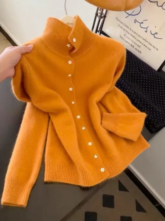 

Свободный длинный вязаный кардиган с открытым передом для женщин, новинка Весна 2026, мягкий, уютный, оранжевый, премиум-класса, вязаный свитер