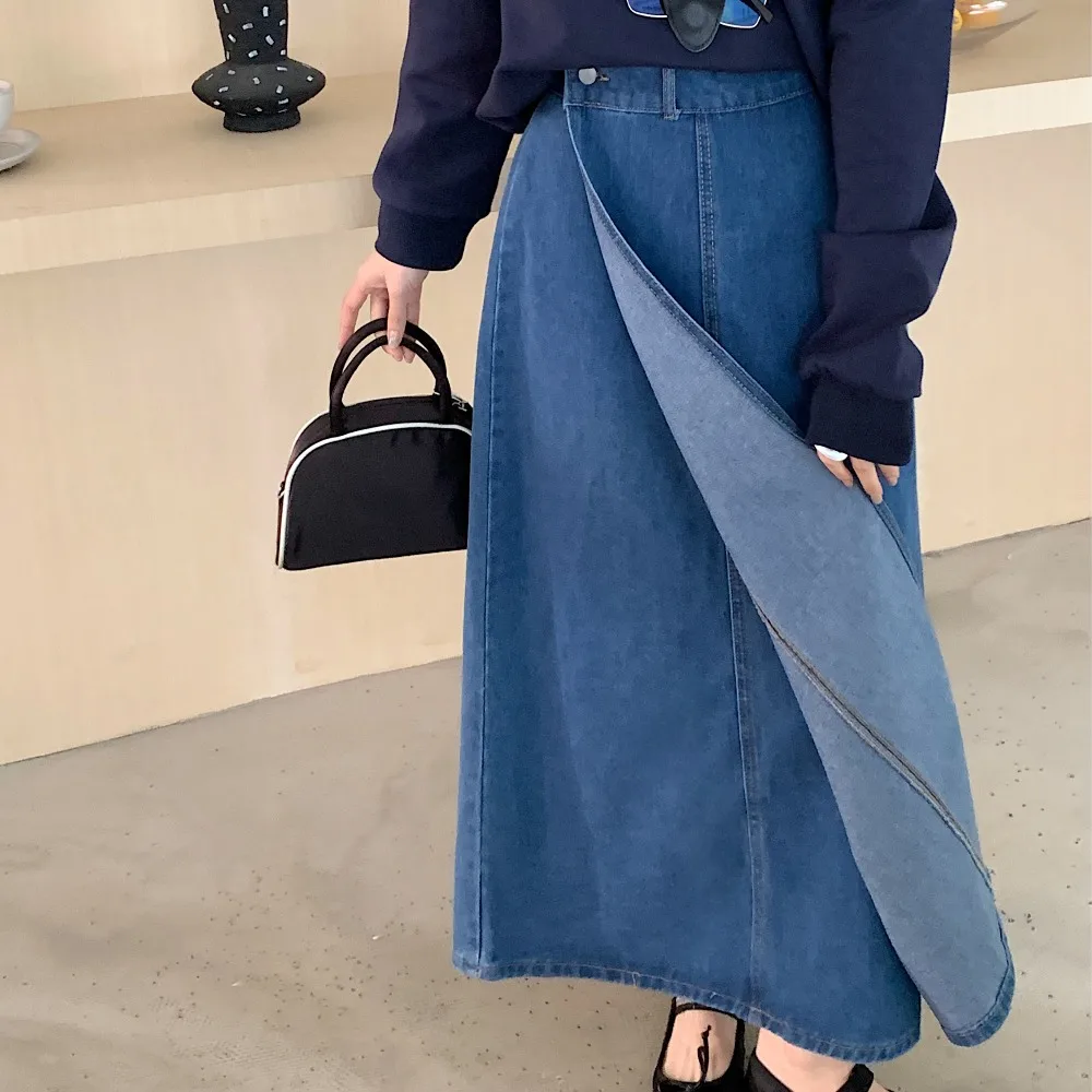 SuperAen Asymmetrical Denim Blue Long A-line Skirt 2026 Spring and Autumn New Vintage High Waist Skirts
