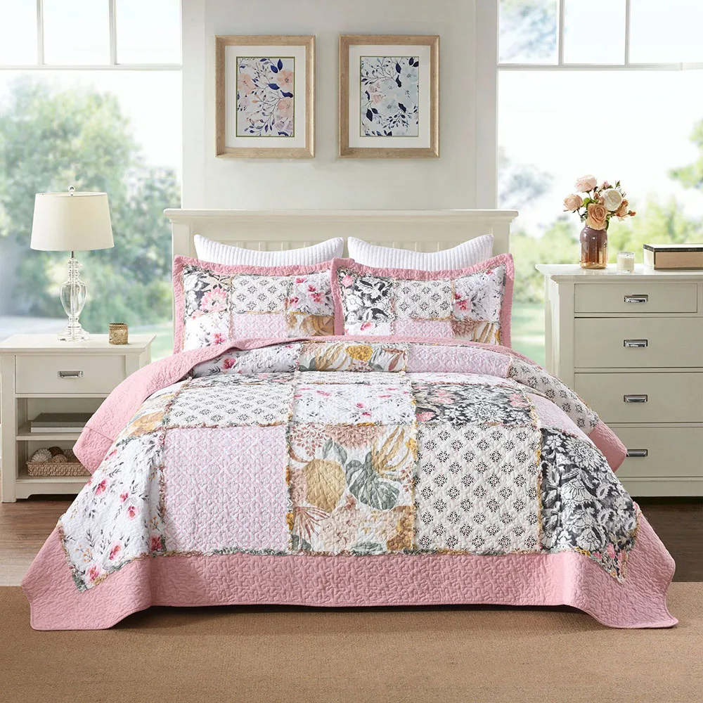 

Light Pink American Patchwork Quilt Set 3pcs 100% Cotton Summer Thin Quilted Bedspread Lightweight Bed Cover