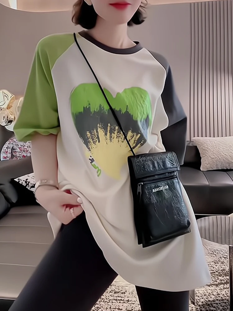 

Loose Fit Midi Length ort Sve T-irt Large Size Spring Summer Dopane Patchwork Thin Sle Color Blo Women's Top