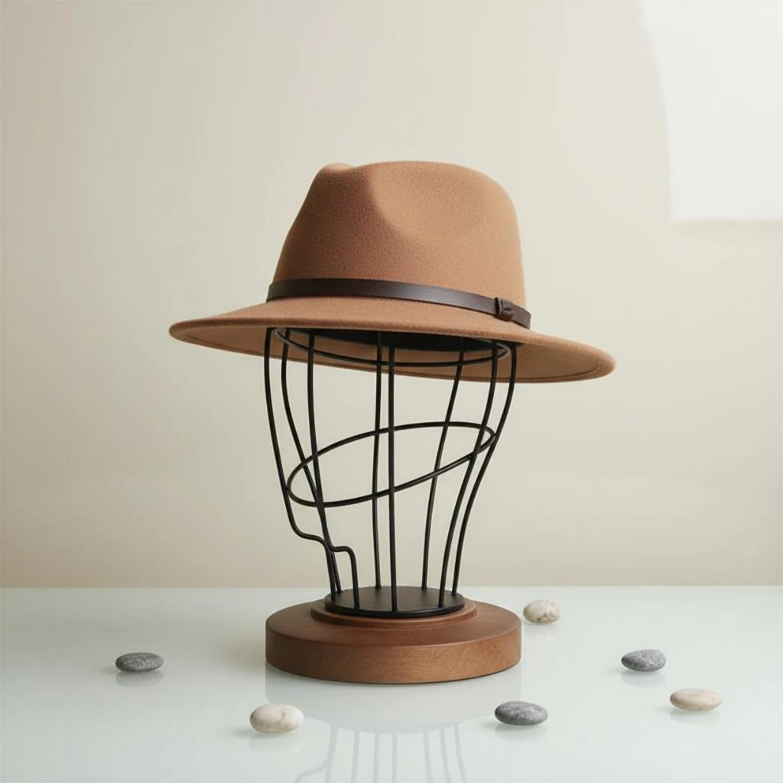 Metal Hat Rack Wood Base Hat Display Holder Hairpiece Display Stand Industrial Design Sturdy for Shop, Home