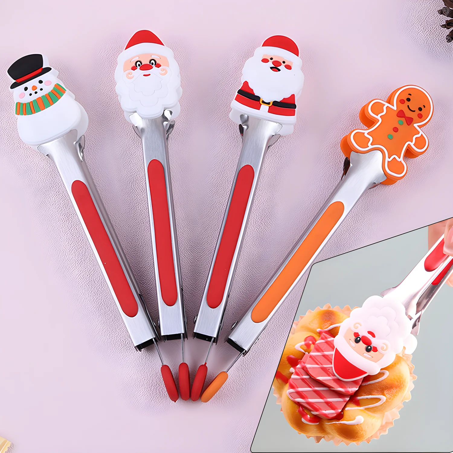 4pcs Christmas Silicone Mini Food Tongs, Kitchen Festival Party Clamps Set for Serving Food, Ice Cube, fruits,Sugar and Biscuit