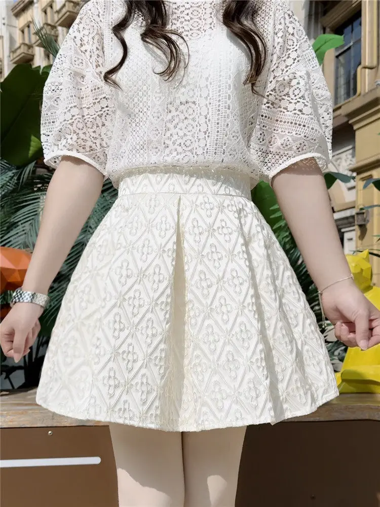 Korea All-match New Spring Summer Women Mini Skirt Elegant High Waist Short A-line Skirt Embroidery Jacquard Female Puff Skirts