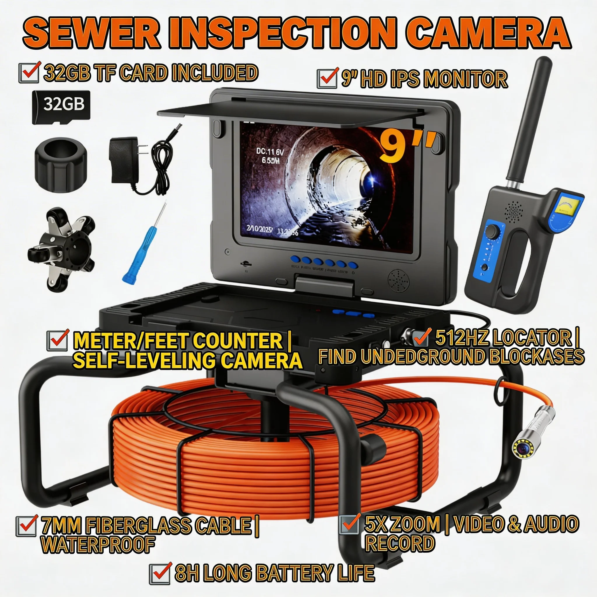 

7mm 30M Sewer Camera 512Hz Locator DVR 9" Mon Self-Leveling 1080P Waterproof Pipe Inspection Endoscope Cam with Meter Counter