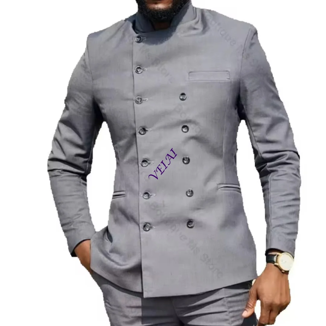 Customized Grey Double Breasted Men's Suit Stand-up Collar Two-Piece Casual Outfit for Party Prom Occasion Wear