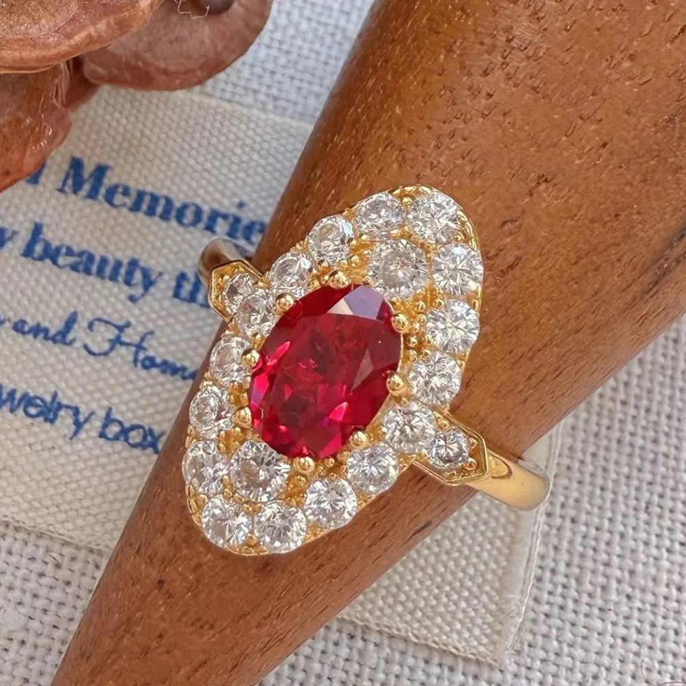 Vintage Shield Shape Red Ruby Gemstones Full 5A Zircon Diamonds Rings for Women 18K Gold Filled Silver Chic Finger Bands Trendy 2