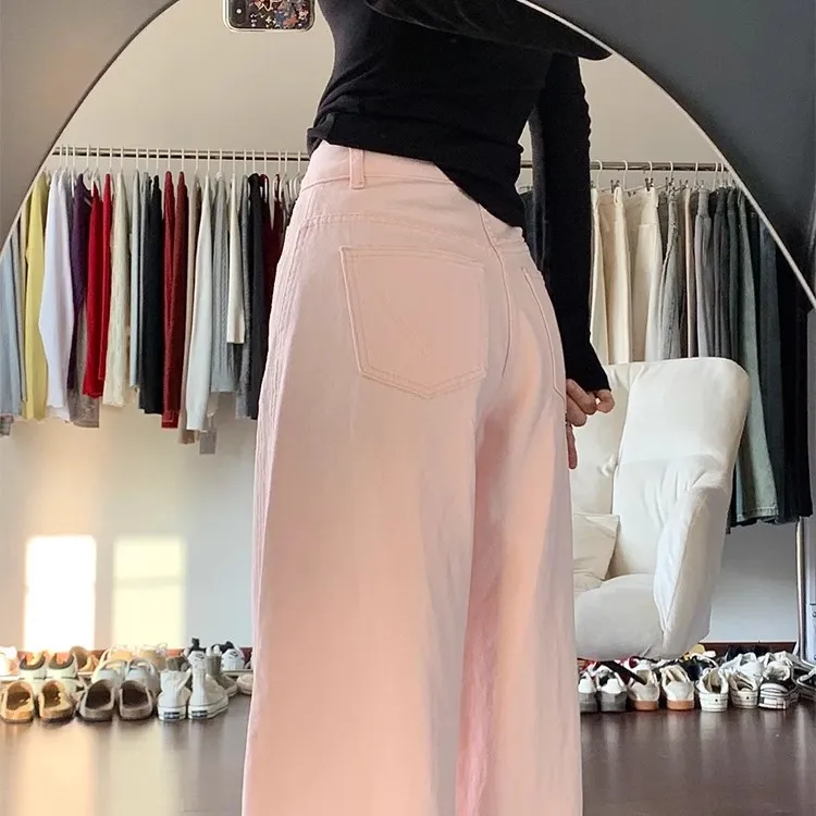 Słodkie Różowe Jeansy z Szerokimi Nogawkami Damskie z Wysokim Stanem Wyszczuplające Proste Spodnie Casualowe Zapinane na Zamek Długie Spodnie Wiosenne