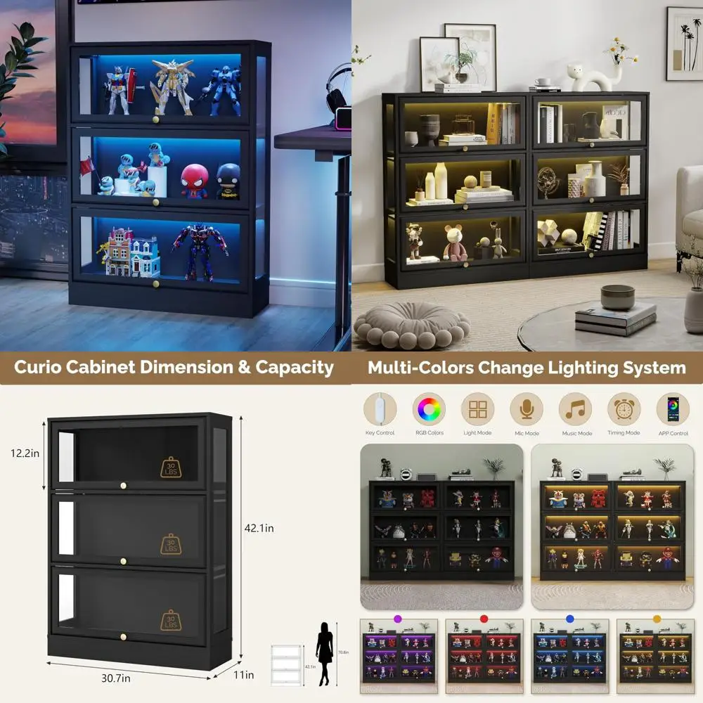 3-Tier Acrylic Glass Display Cabinet with LED Lighting for Collectibles and Toy Organizers