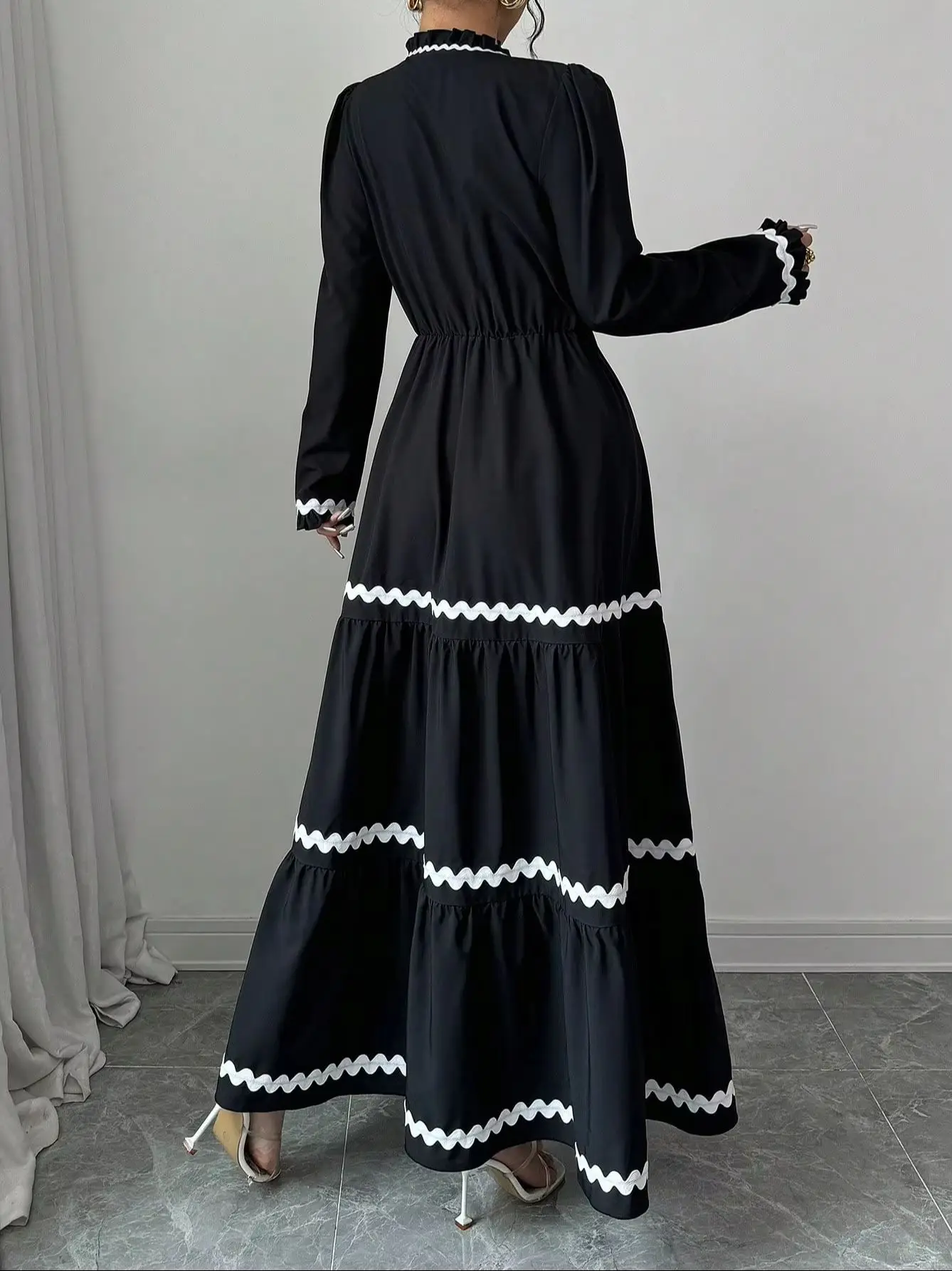 Women's Romantic Long Dress V-Neck Overlap Bubble Sleeve Color Block Hemline Fashionable Casual Wear for Date And Commute