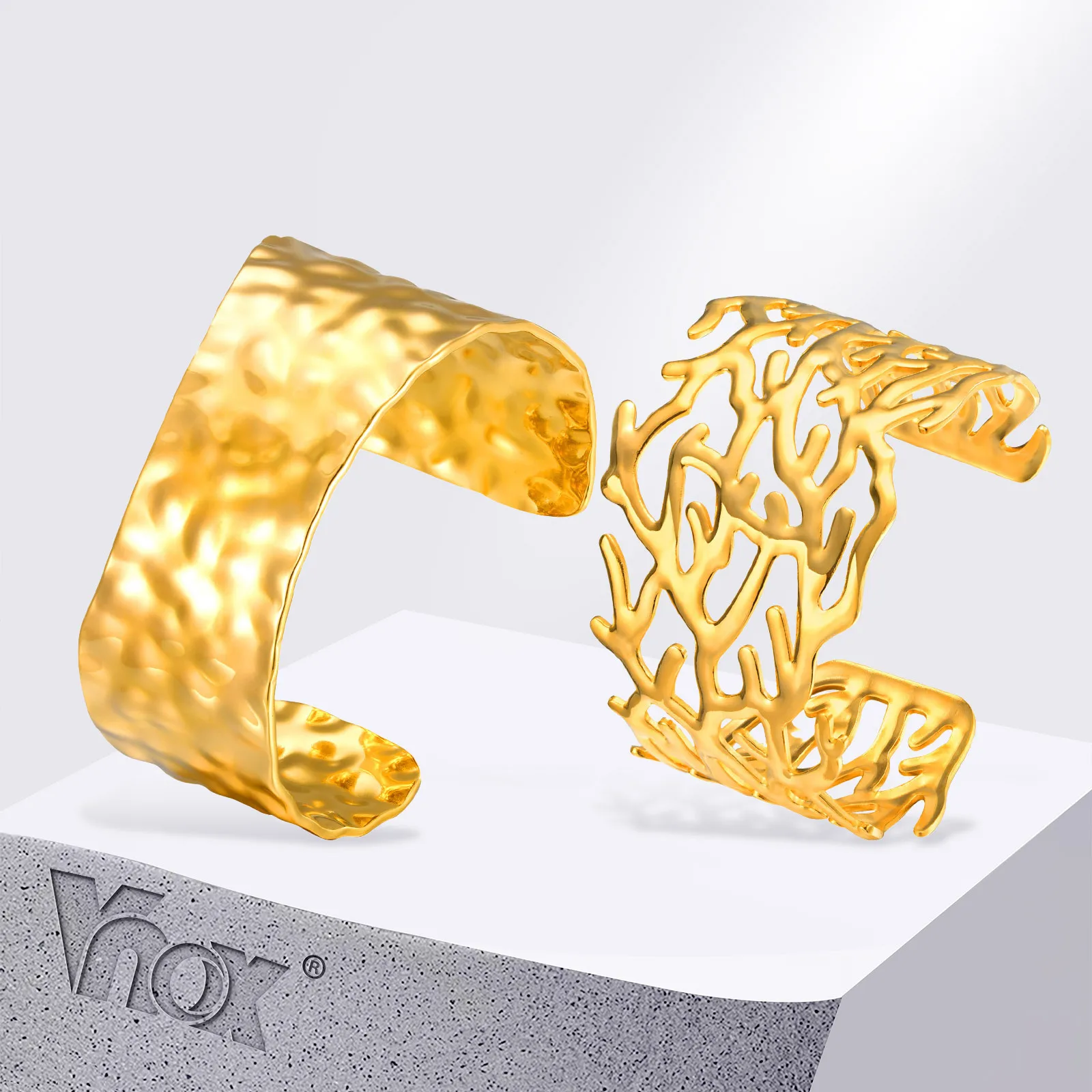 Vnox Open Bangles For Women Girls,18k Gold Plated Dense Pattern/Hollow Design Wide Bangles,Stainless Steel Fashion Jewelry