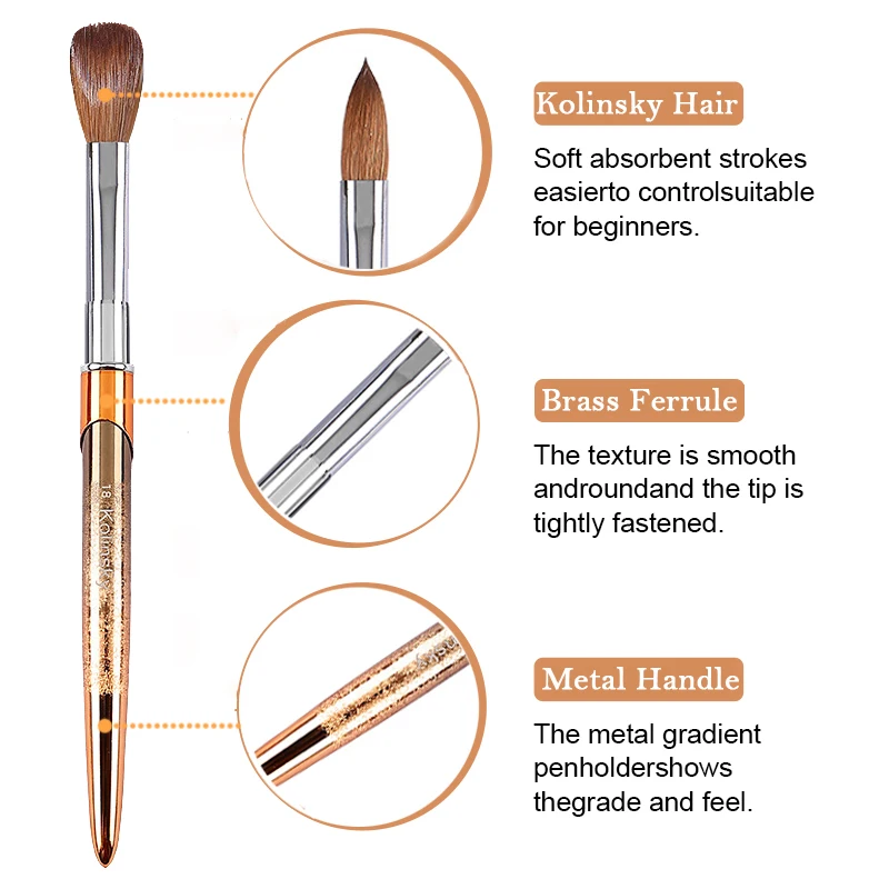 Pennello per unghie acrilico Kolinsky al 100% Manico in rilievo dorato ondulato ovale Qualità professionale del salone per polvere acrilica Dimensioni 2-18 #