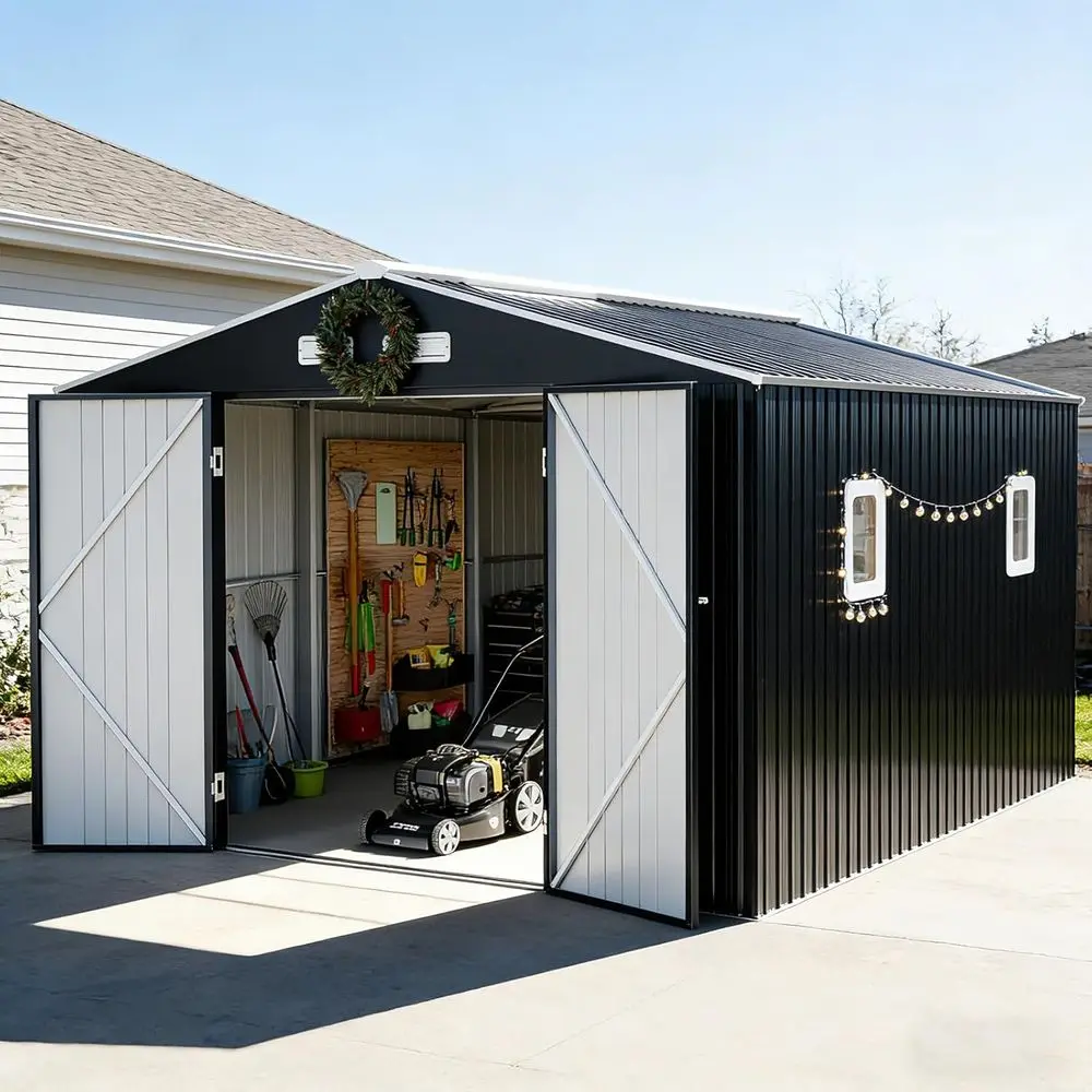 

Прочный металлический садовый садовый сарай 12x10 с пол, двойными крышами, окнами, запираемой дверью для хранения на открытом воздухе