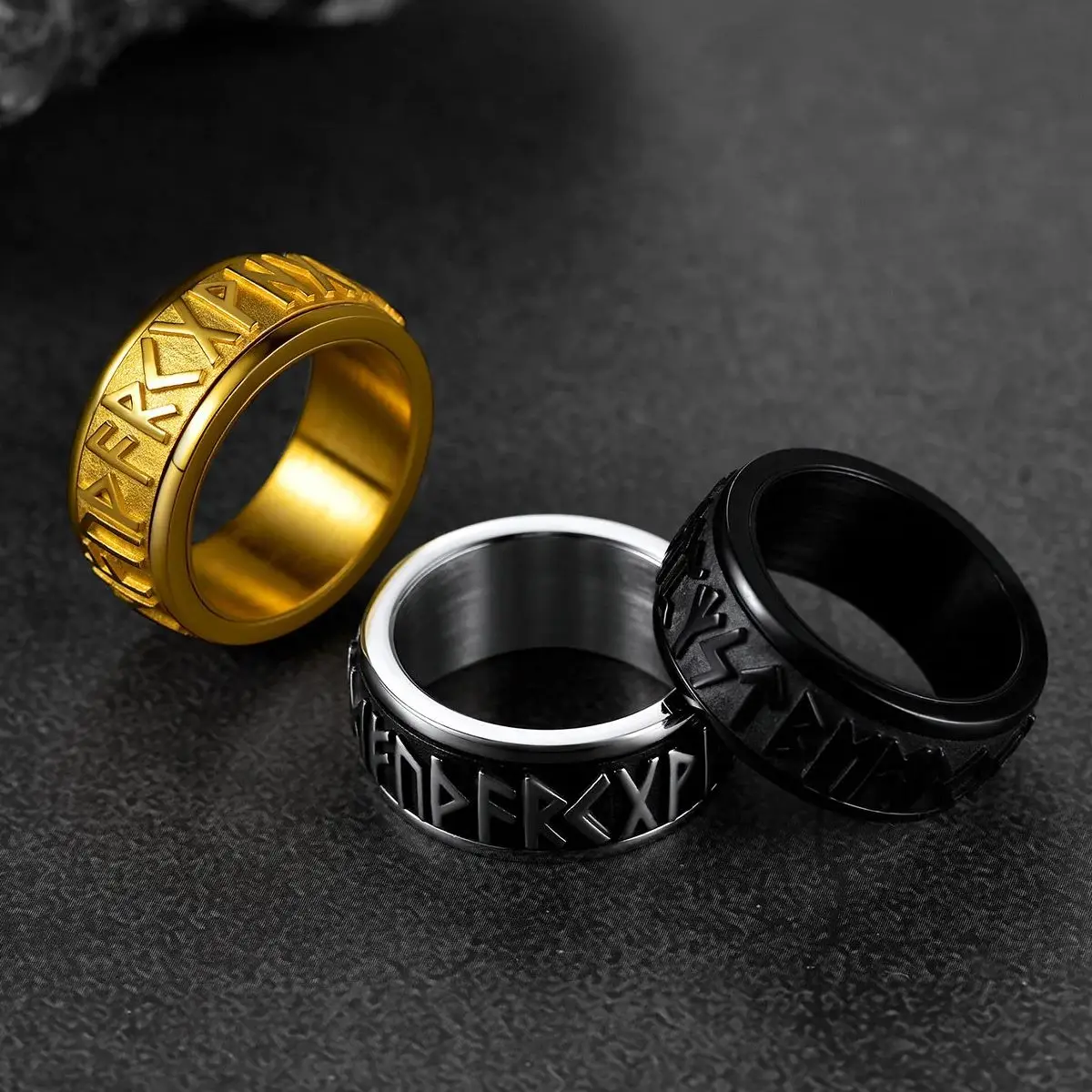 Chainspro Choice Men Rings Norse Viking Runes Spinner Ring Stainless Steel Rotatable Rings Anxiety Release Anti-Stress Ring