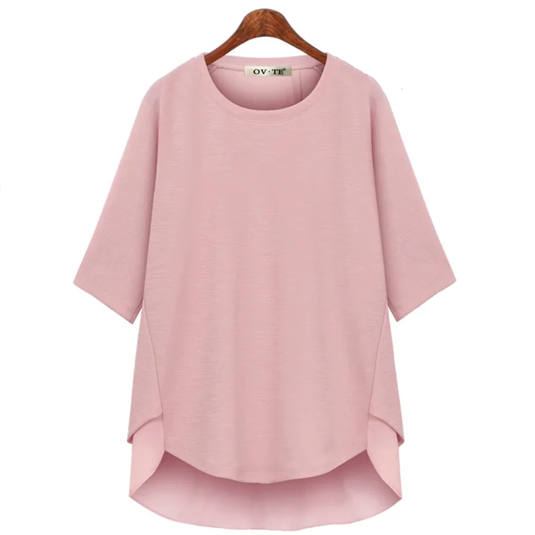 

Sweet Street Style Asymmetrical Large Size Women's T-shirt round Neck Short Front Long Back Double Splice Casual Three-quarte...