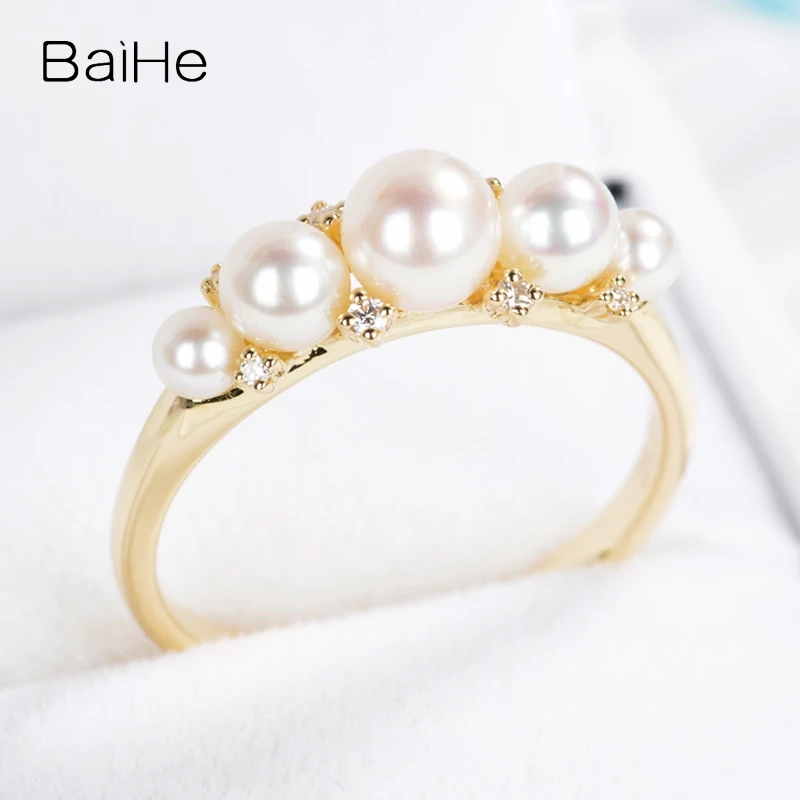 BAIHE Real Solid 14K Yellow Gold Freshwater Pearl Diamond Ring Women Fine Jewelry Making Inel cu perle de apă dulce טבעת פנינה