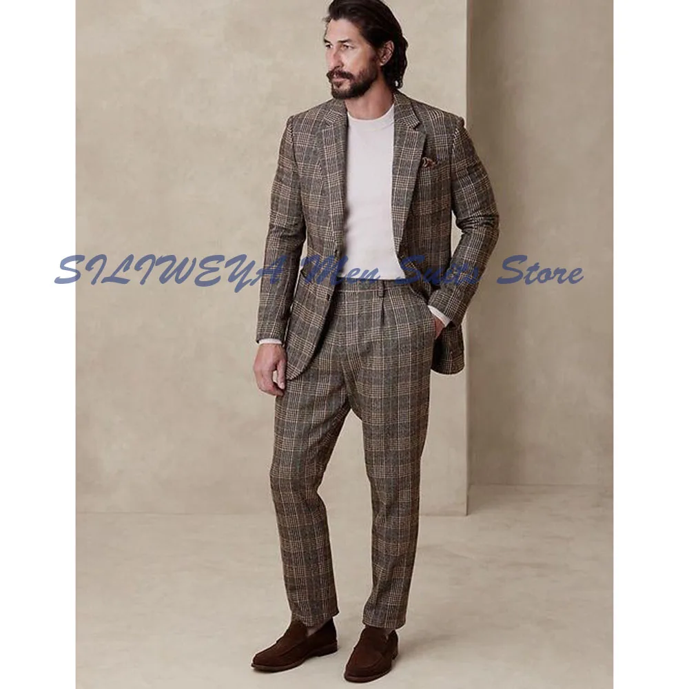 

Classic Evening Men Suits 2 Pieces Jacket Pants Grid Skinny Classic Fashion Stylish Male Notch Collar Single Breasted Suit
