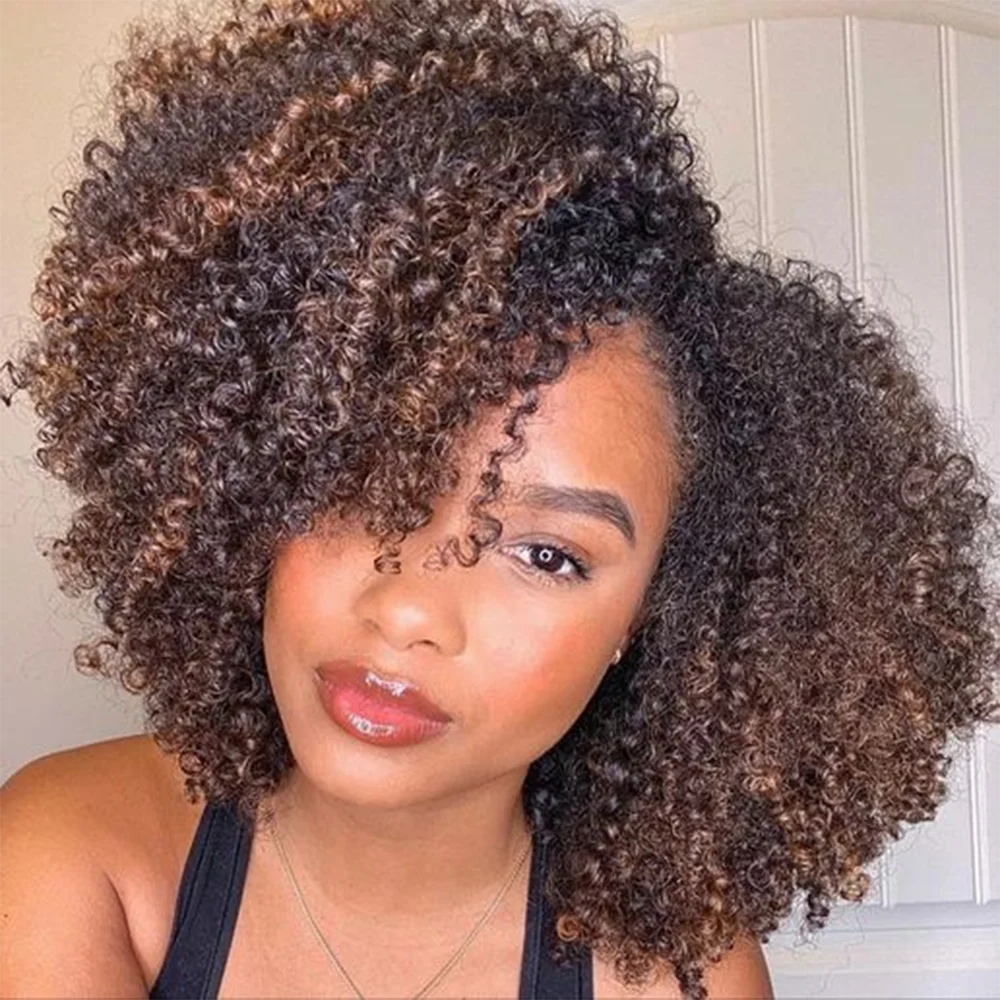 

Short Afro Kinky Curly Bob Human Hair Wigs Ombre Highlight Human Hair Wig With Bangs Ready To Wear Glueless Curly Bob For Women