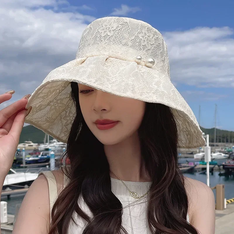 

New Hot Sales Seaside Vintage Elegant Lace Bucket Hat Women Summer Beach Sun Hats Fashion Caps Breathable Fisherman Cap