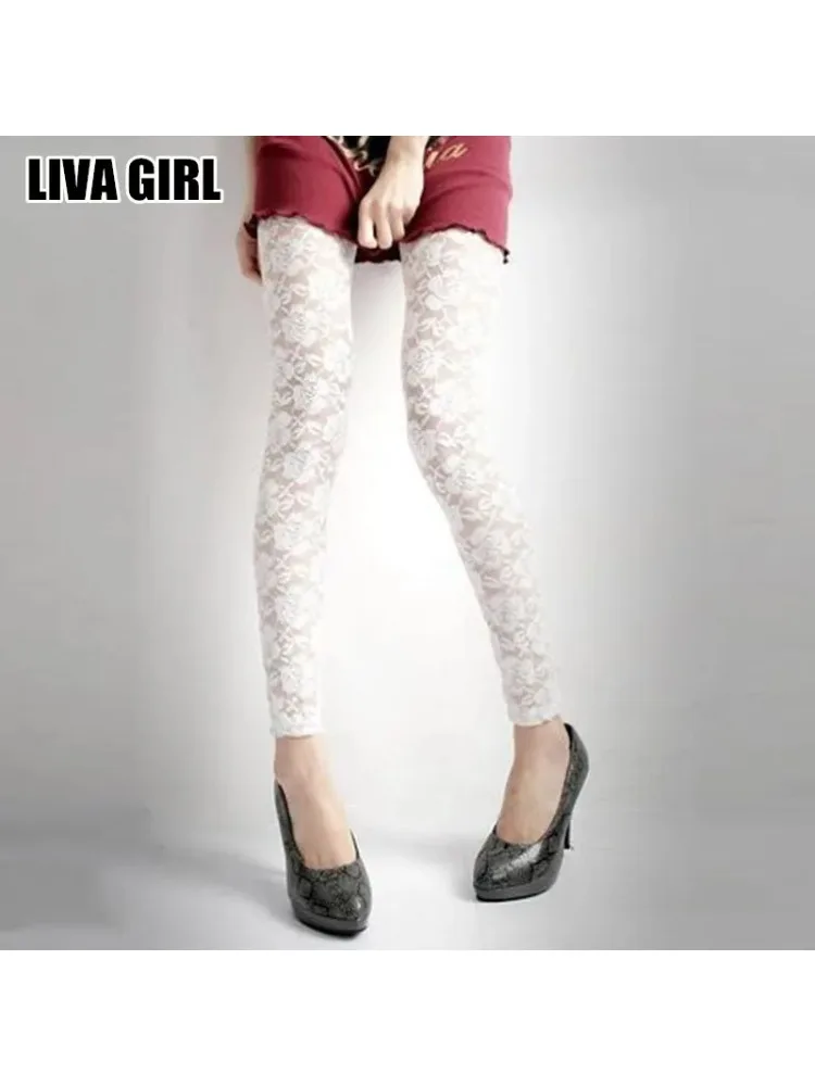 Liva Girl Sexy świeże fajne lato kobiety Rose Lace Sexy legginsy Hollow Slim elastyczne spodnie czarne białe legginsy na co dzień kobiet — zdjęcie 2