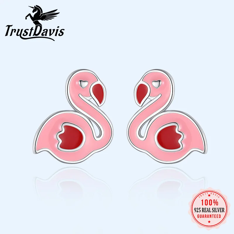 TrustDavis Real 925 Sterling Silver Sweet Pink Glaze Flamingo Stud Earrings For Daughter Girls Kids Lady Fine Gift Jewelry DK071