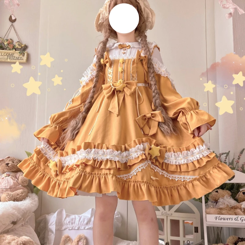 Original Japanese Sweet Lolita Op Dress Women Cute Little Star Ruffles Long Sleeve Princess Dress Female Kawaii Tea Party Dress