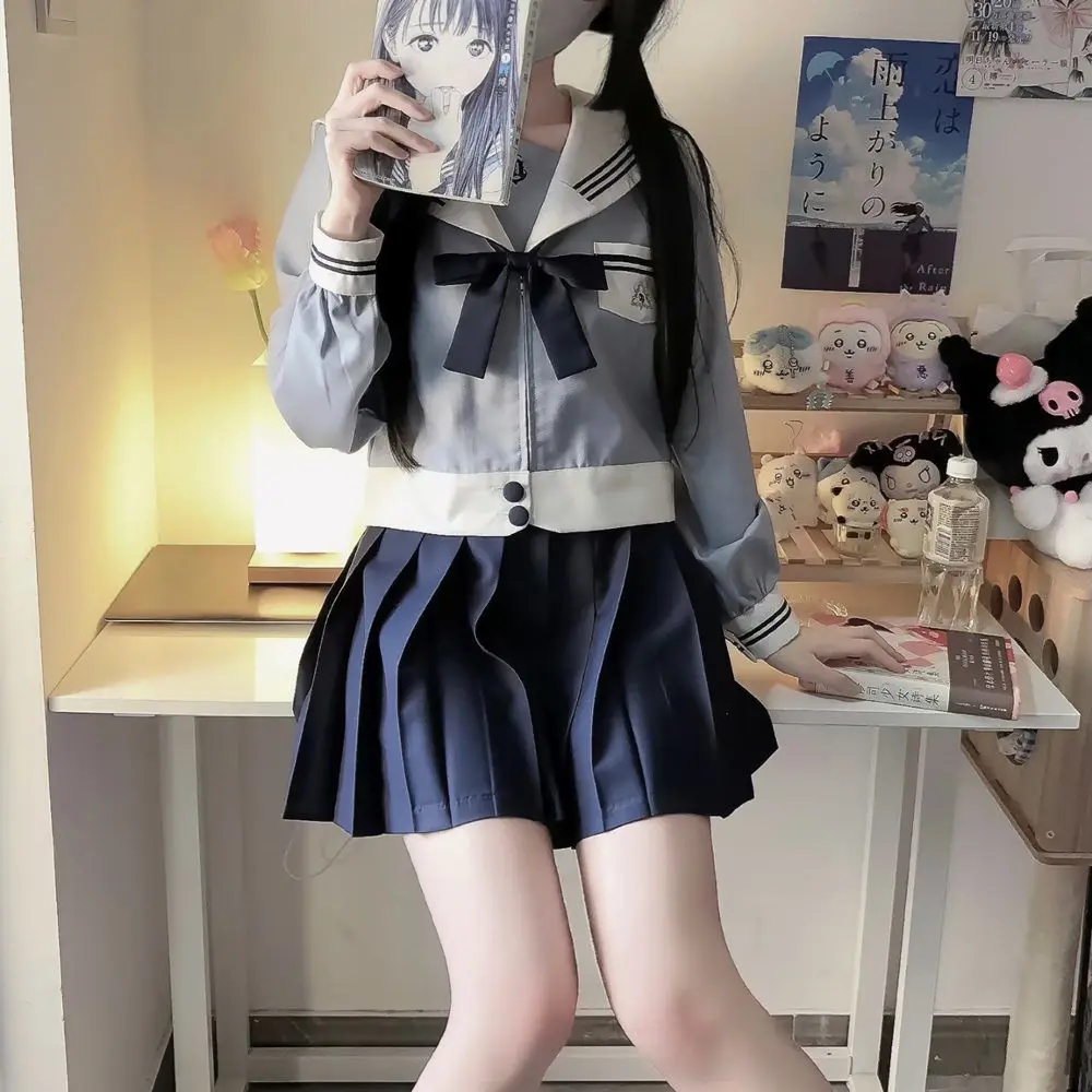 Japan JK Blue School Style Suit Skirt Suit Girls Long Sleeve Navy Collar Bow Collegiate Style Sailor Clothes Goldfish Bow