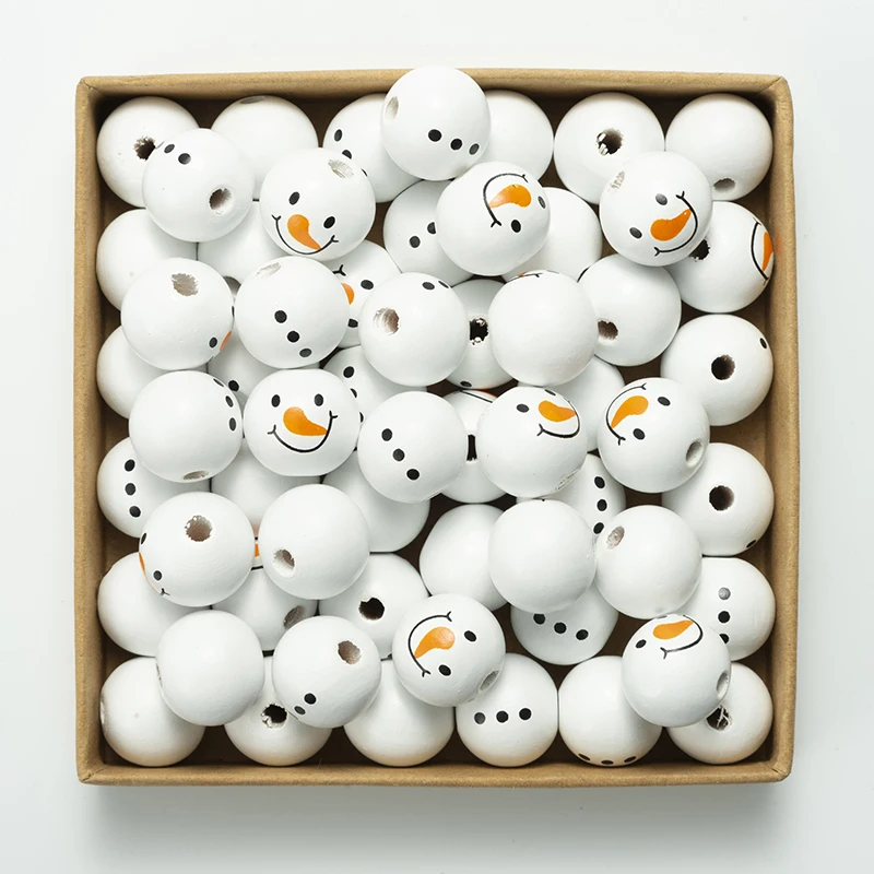 50PCS Christmas Snowman Painted Wooden Beads Christmas Decorations For DIY Home Jewelry Making Accessories Kids Party Gifts