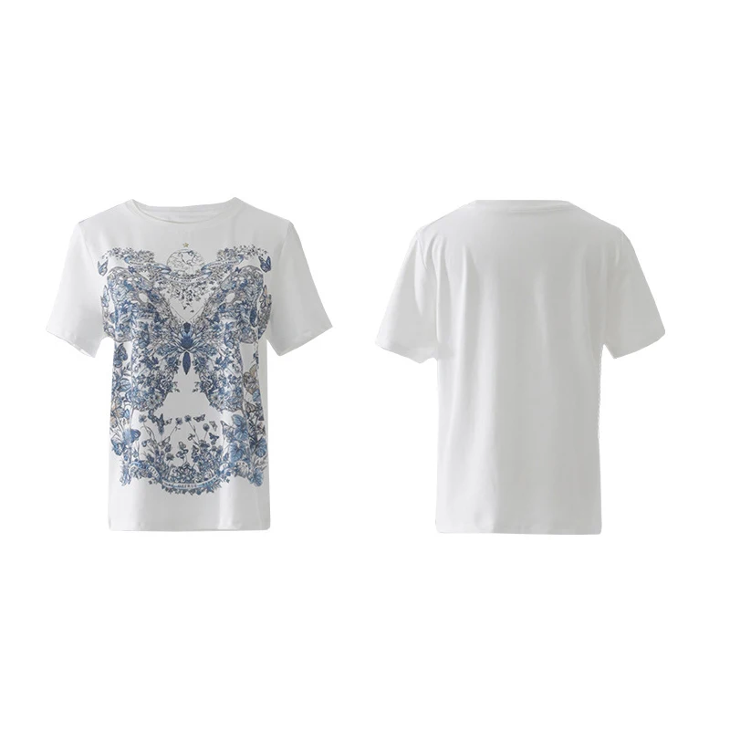 T Shirts Woman Summer 2024 Blue Butterfly Print Front Female Clothing Y2K EMO Clothes Fashion Trend Youth Girl’s Blouses Tops