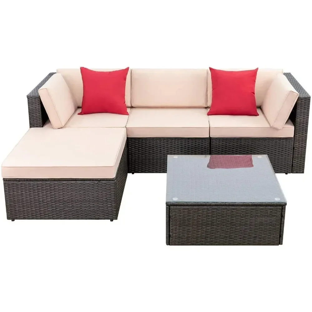 

Garden Sofa, 5 Piece All Weather Outdoor Patio Furniture Set Manual Woven Wicker Rattan Patio Seat Sofa