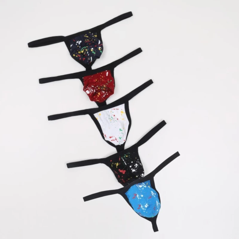 Men's Sexy Pouch G String Print Low Rise T-back Thong Micro Underwear Soft Cotton Breathable Panties Minimal Coverage Tangas