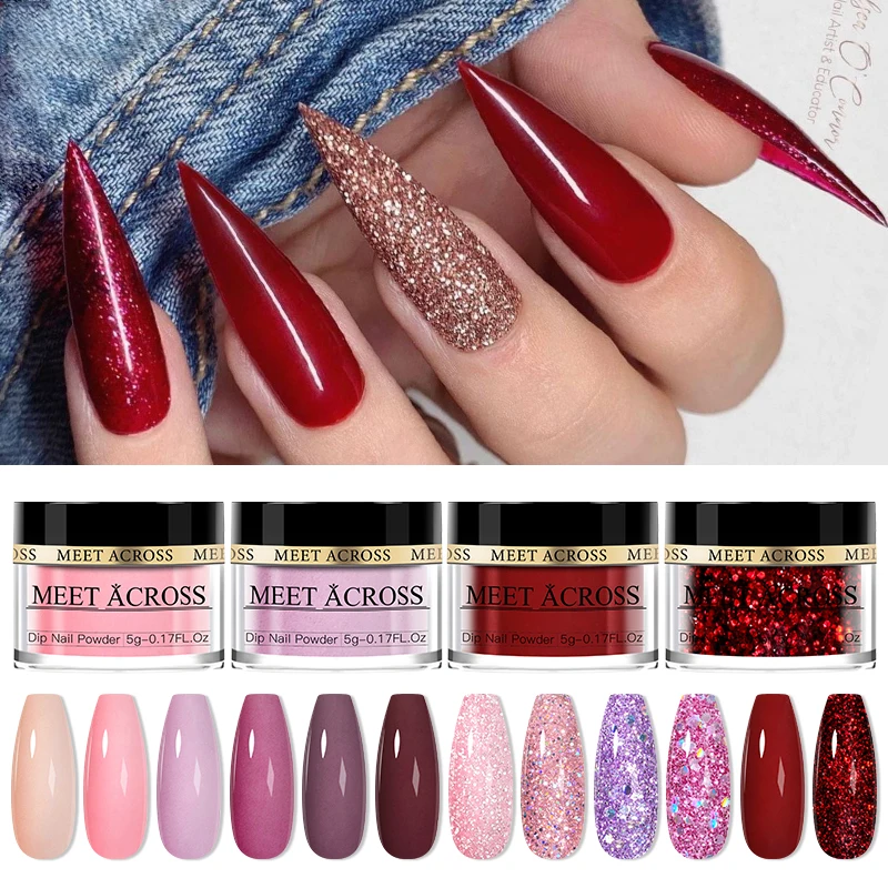 MEET ACROSS Crystal Red Glitter Nail Dipping Powder System Natural Dry No Need Lamp Cure DIY Nail Art Decoration For Manicure