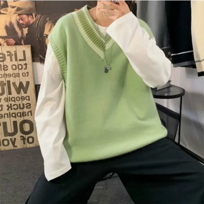 Мужской свитер, жилет в стиле пэчворк, простые вязаные свитера без рукавов со вставками, мужские свободные универсальные свитера с v-образным вырезом в корейском консервативном стиле, уличная одежда