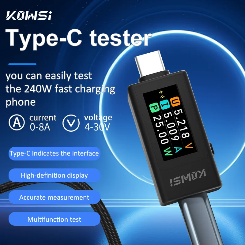 KWS-1902L NEW ARRIVAL Multi-function USB Type-C Tester 4-30V Maximum 12A Power Off Storage Function Voltage Ammeter Power Meter