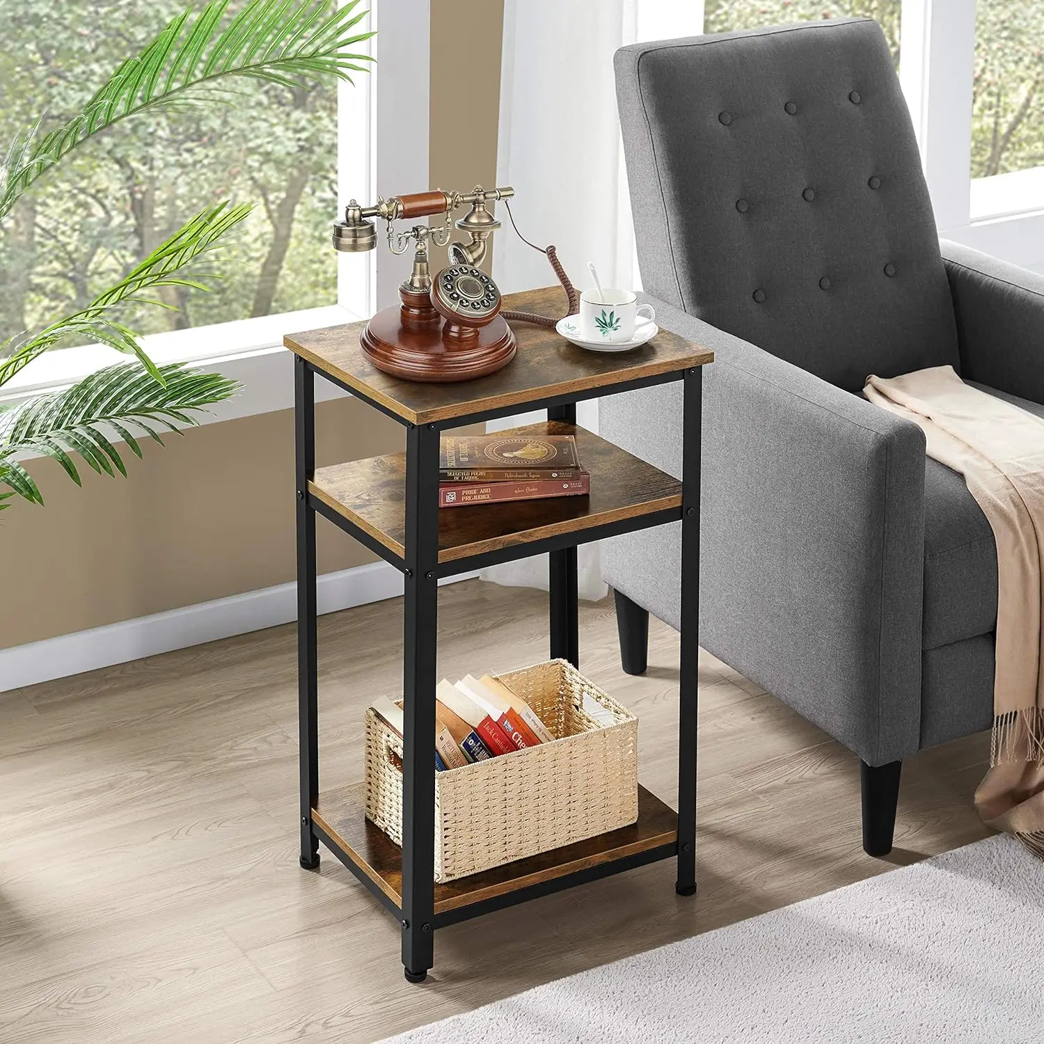 Tall End Table, 30 Inches High Side Table with Wooden Shelves & Strong Metal Frame, Large 3-Tier Telephone Table for Living Room