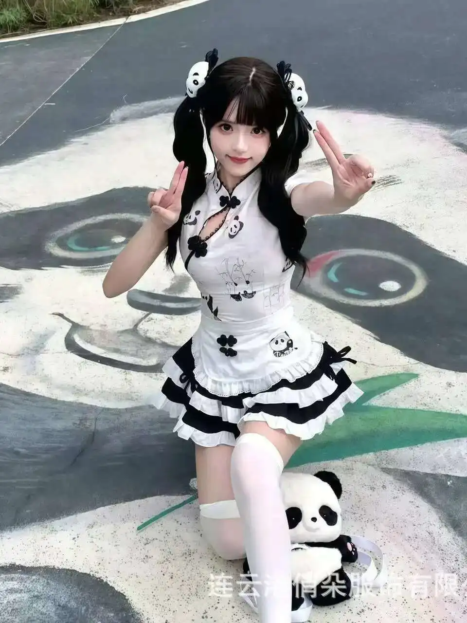 สาวน่ารักใหม่สไตล์จีน PANDA พิมพ์เอวสูงกระชับสัดส่วนพัฟเค้กกระโปรงแม่บ้านชุดผ้ากันเปื้อน Elegant สวย JQSM