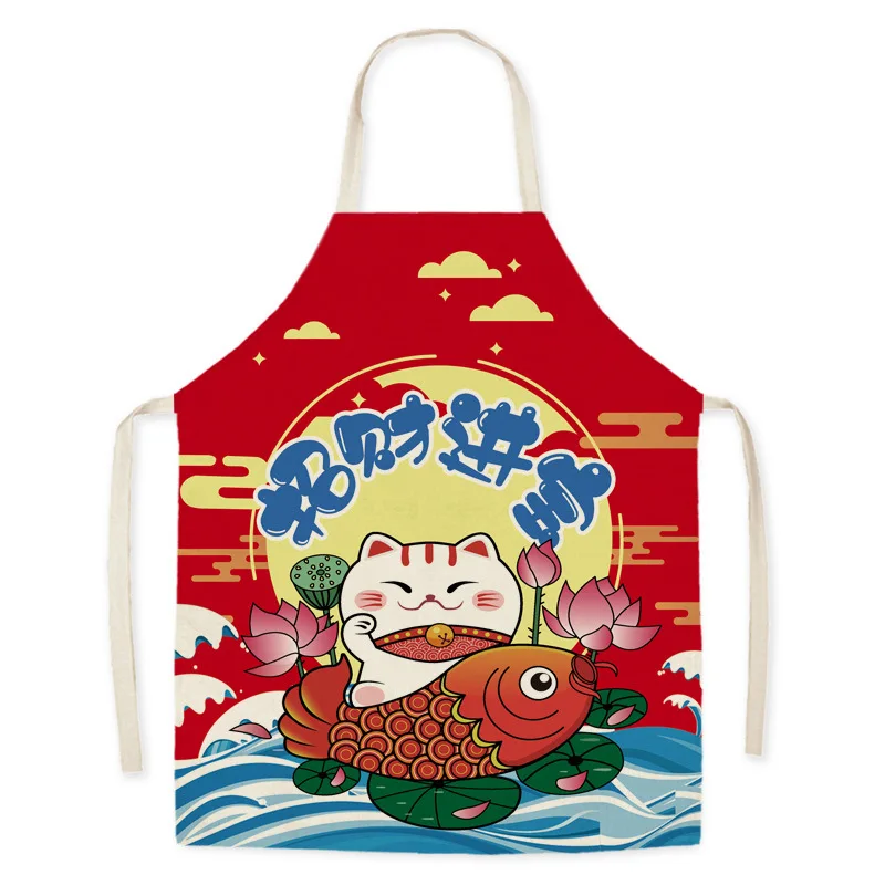 Japanese Cartoon Lucky Cat Decoration Sleeveless Apron Cotton Linen Kitchen Aprons Women Home Cooking Baking Waist Bib Pinafore