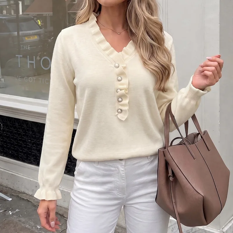 Women Knitted Pullovers Sweaters Solid Jumper Ruffle Trim Pearl V Neck Long Sleeve Slight Strech Loose Casual 2026 Autumn Winter