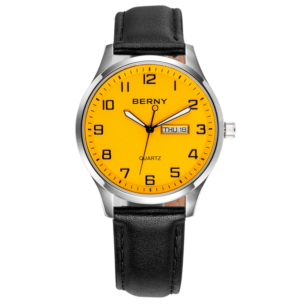 BERNY Classic Quartz Watch for Men MIYOTA 2105 Business Fashion Male Wristwatch Date Genuine Leather Men Watches Waterproof