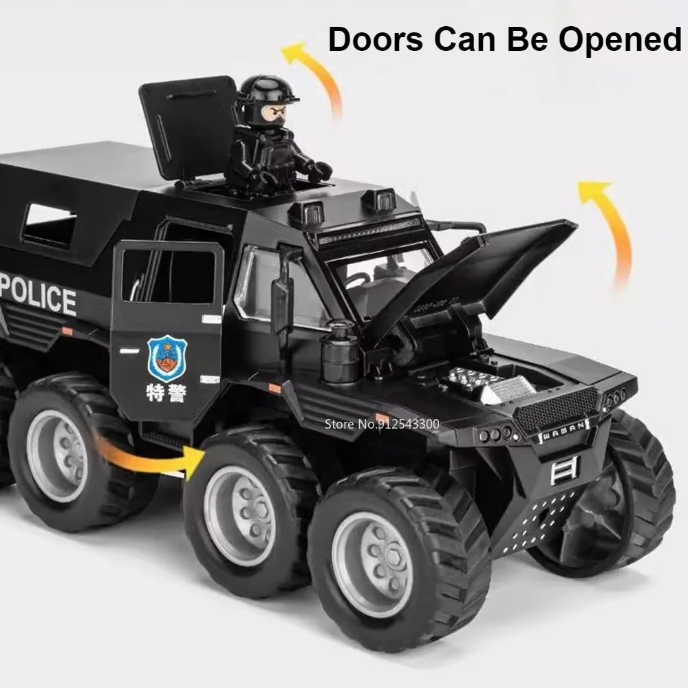 1/24 Shaman 8x8 ATV Police Car Model Toy Alloy Diecast Doors Opened Sound Light Shock Absorption Off-road Models Gifts for Boys