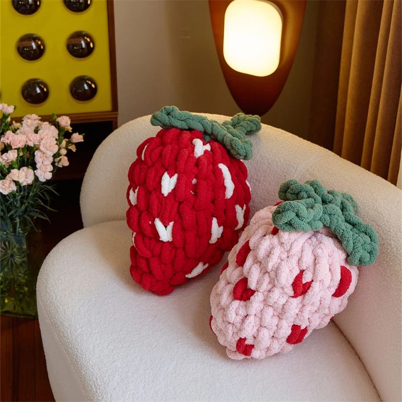 【CHIMU HOME】Cute Strawberry Knitted Pillow with Insert, Chenille Polyester Cushion 38×25cm, Nordic Home Decor