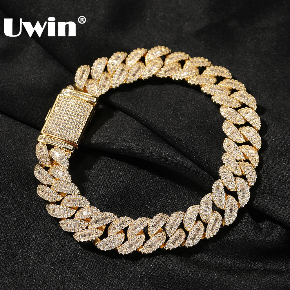 

UWIN 12mm Moon Shaped Baguettecz Bracelets for Women Iced Out CZ Cuban Link Chain 3 Tone Color Bracelet Fashion Jewelry for Gift