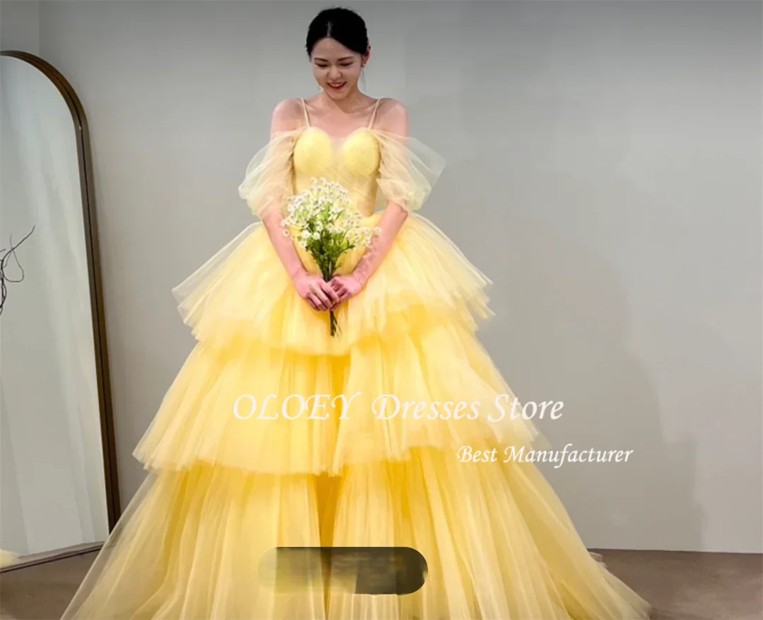 OLOEY Korea A-Line Spaghetti Straps  Yellow Tiered Evening Dress Customized Prom Dress Princess Wedding Photo shoot 웨딩드레스